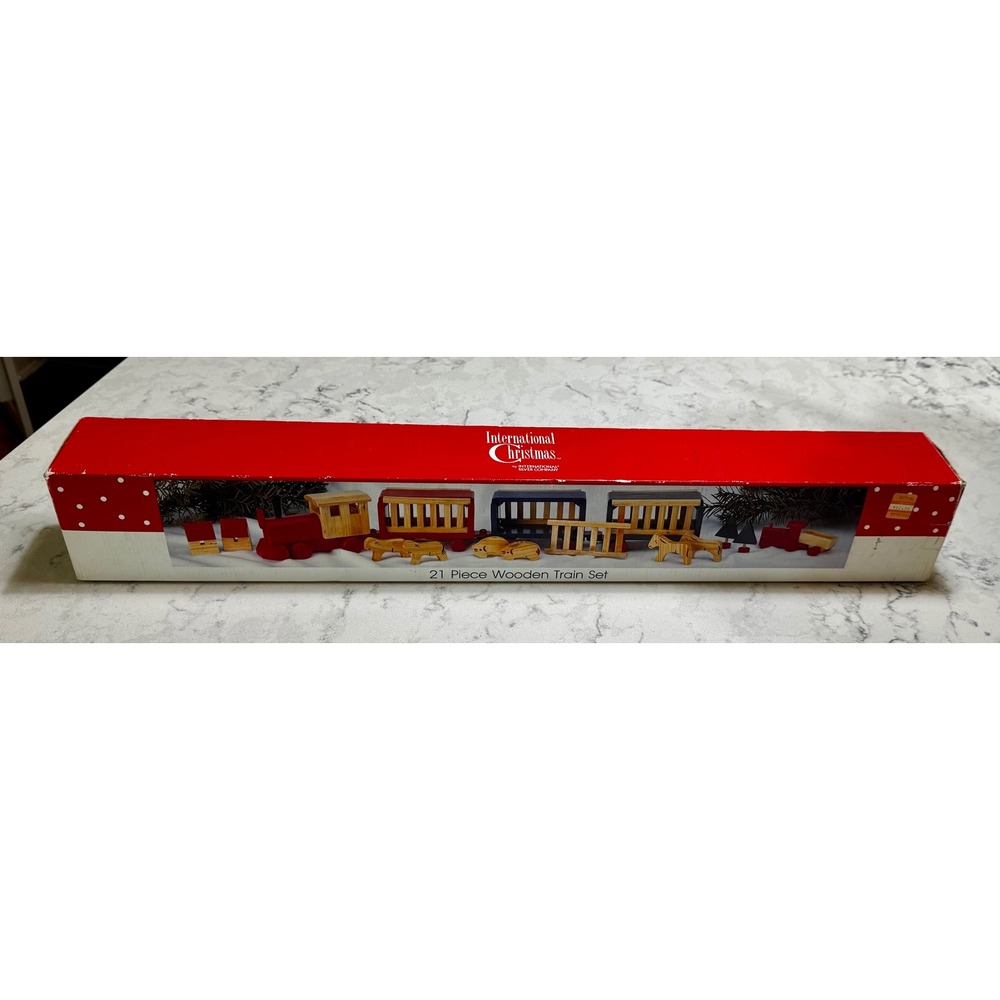 Vintage 1992 International Christmas 21 Pc Wooden Train Set New In Box Holiday - Picture 1 of 7
